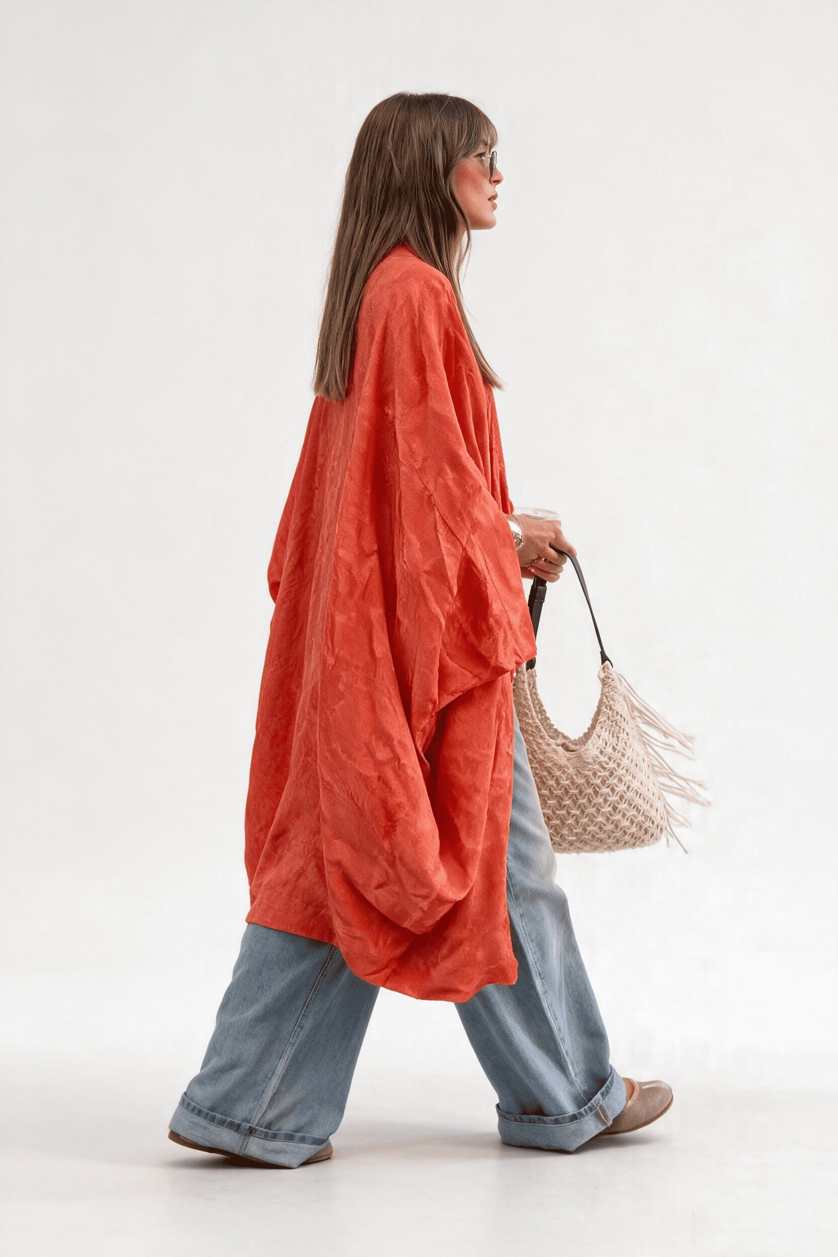 Orange Jacquard Kimono Cardigan