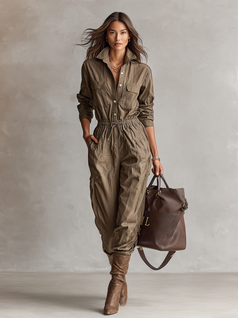 Women's Shirt Collar Button Drawstring Jumpsuit