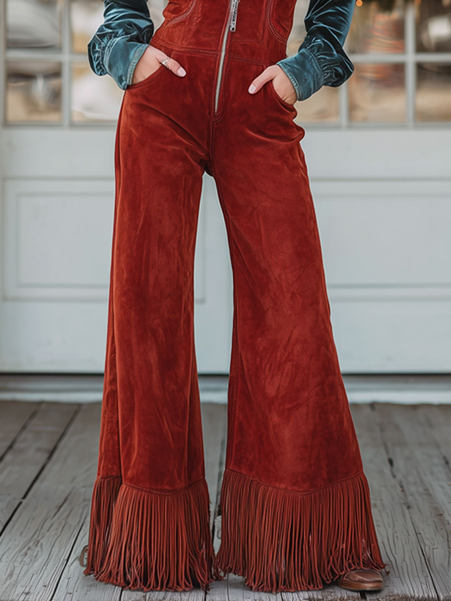 V-neck Red Faux Suede Wide-leg Tassel Overalls