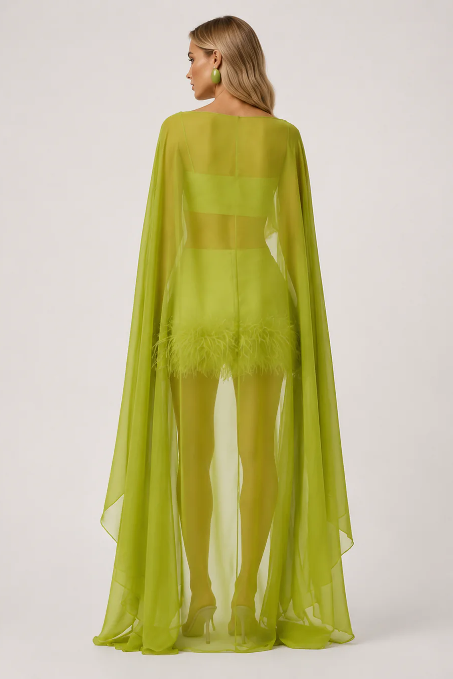 Lime Sheer Cape Feather Skirt Set