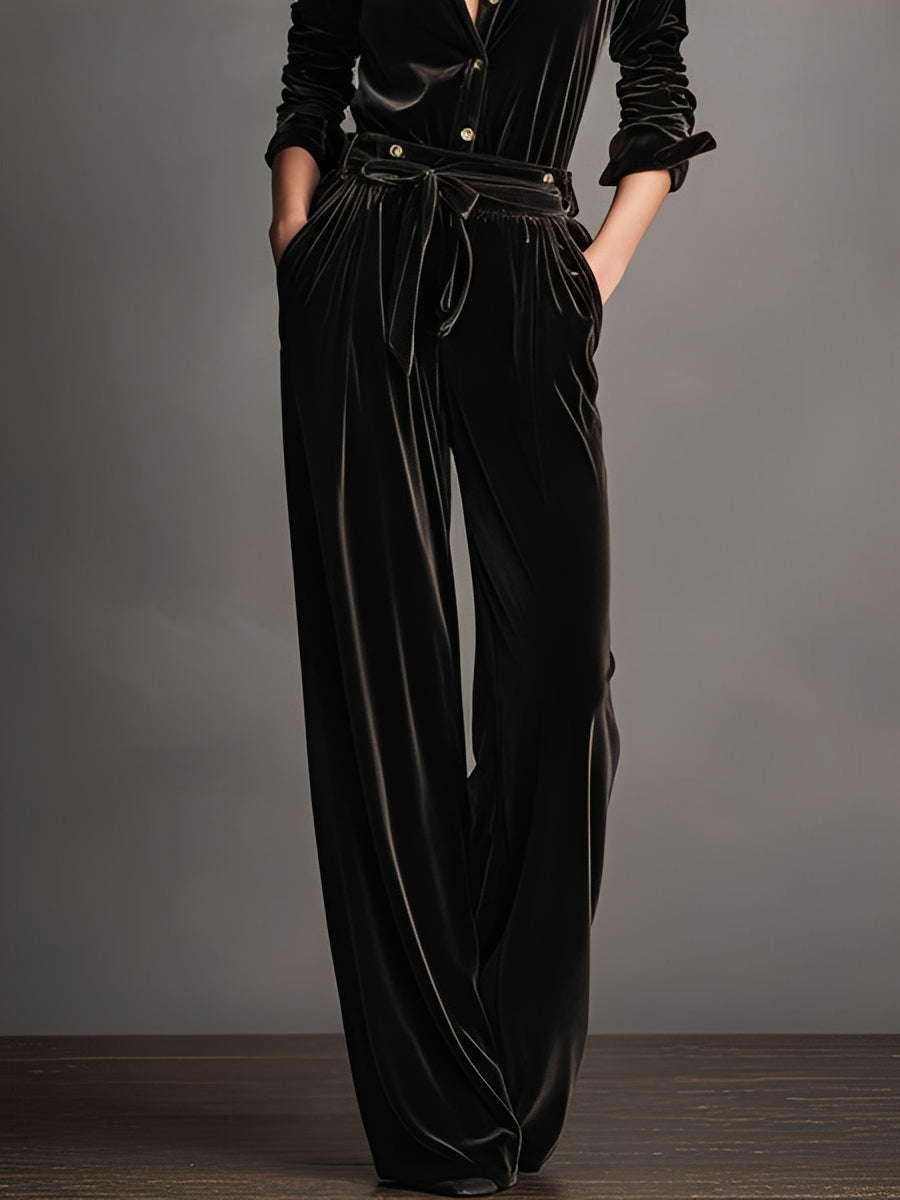Black Velvet Lace-up Gold Button Jumpsuit