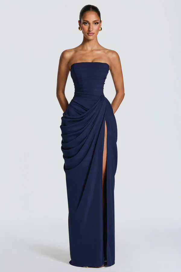 Corset Style Draped Navy Maxi Dress