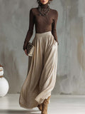 Retro Brown Knitted Top Silver Skirt Set
