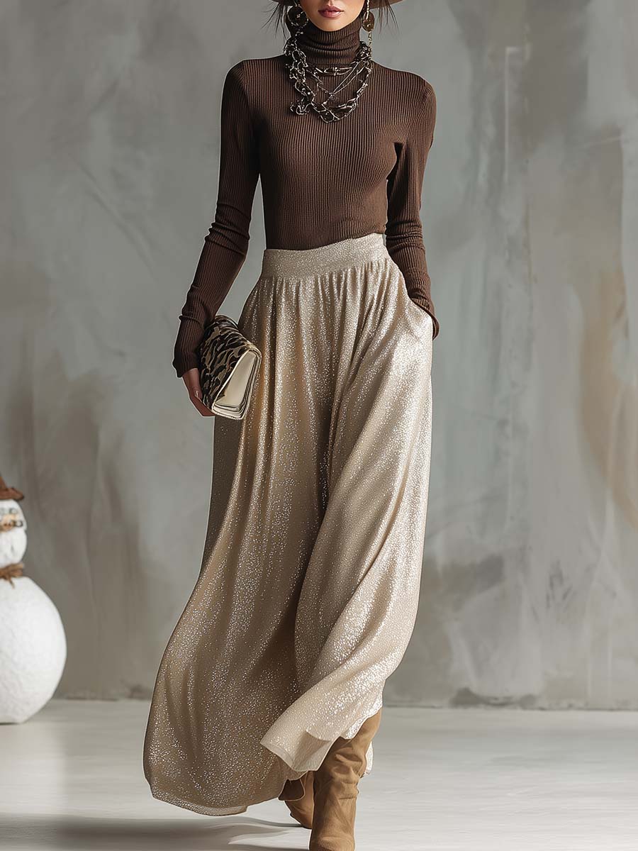 Retro Brown Knitted Top Silver Skirt Set