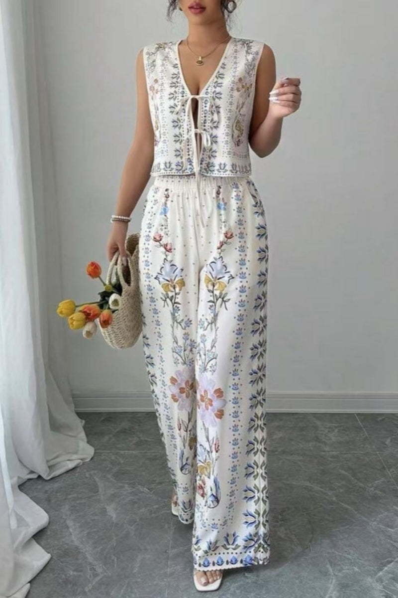 Tie-Up Vest & Wide-Leg Pants Set - Sky Blue Print
