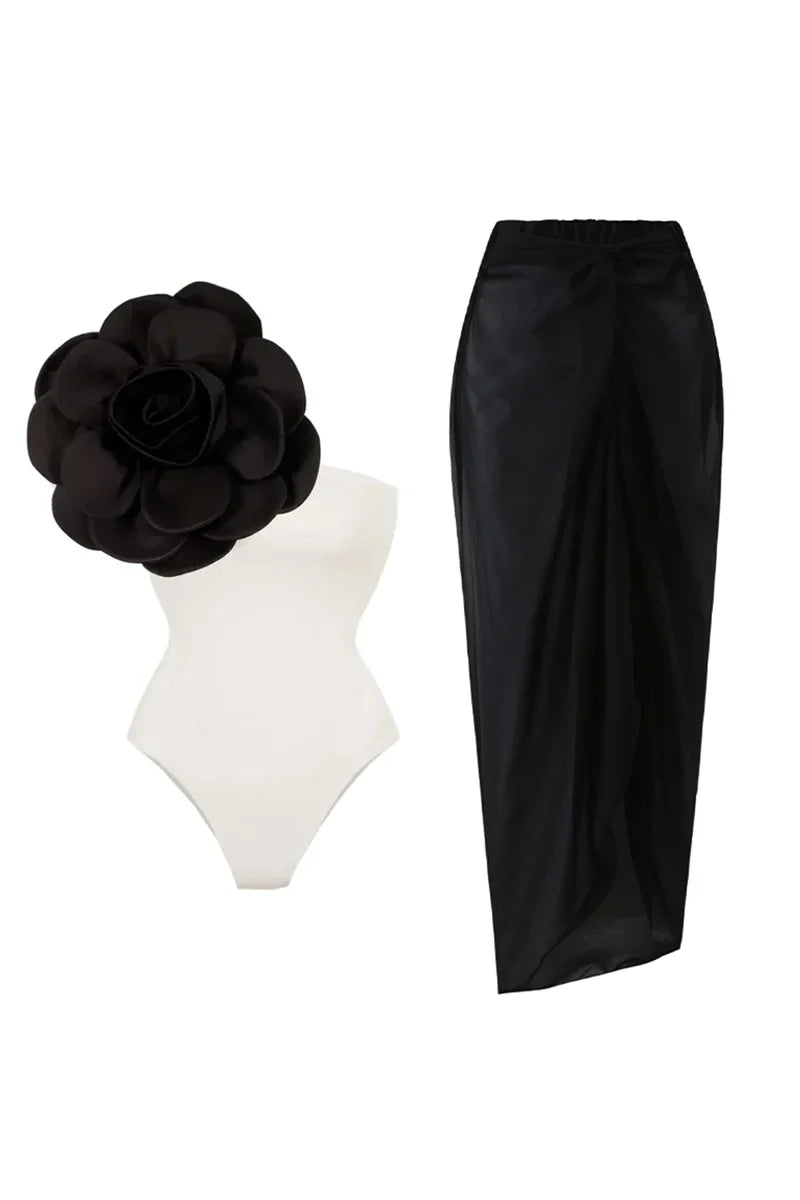 3D Floral Solid Color Swimsuit