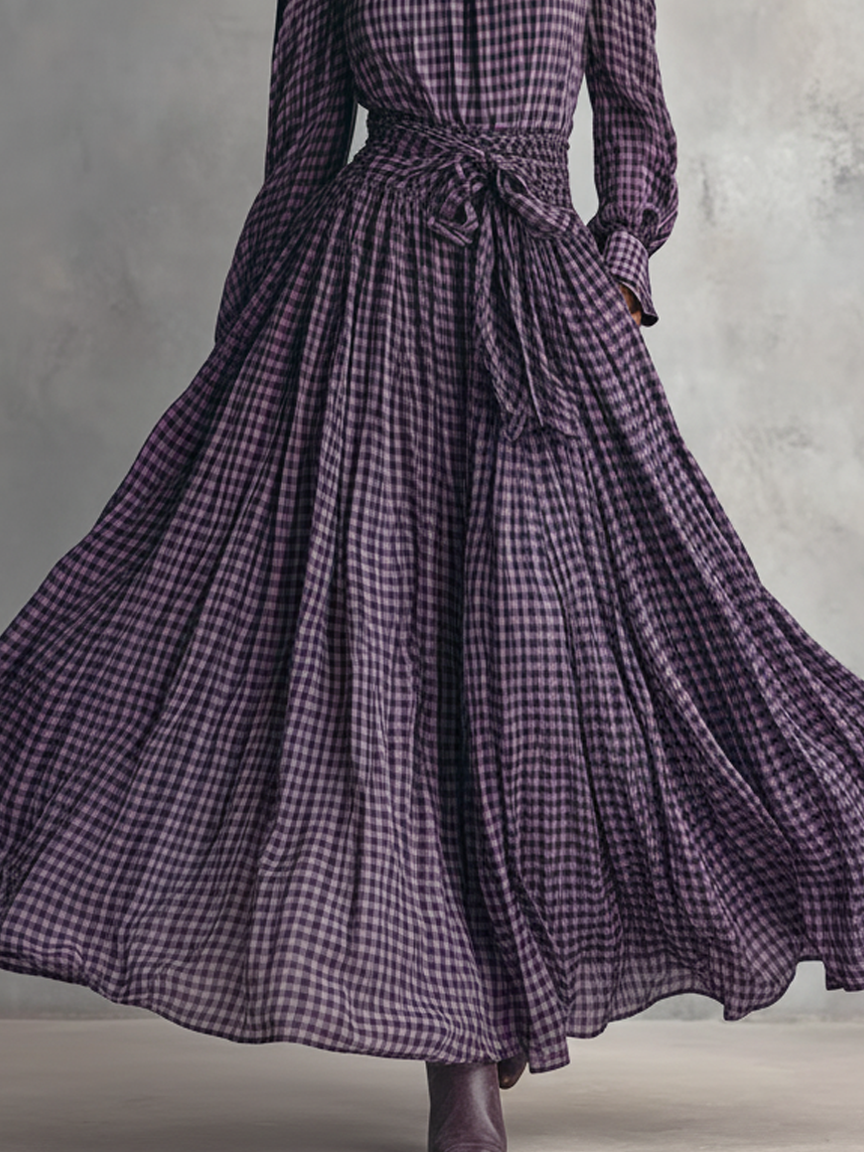 Plaid Blended Half-high Collar Blouse Skirt Set