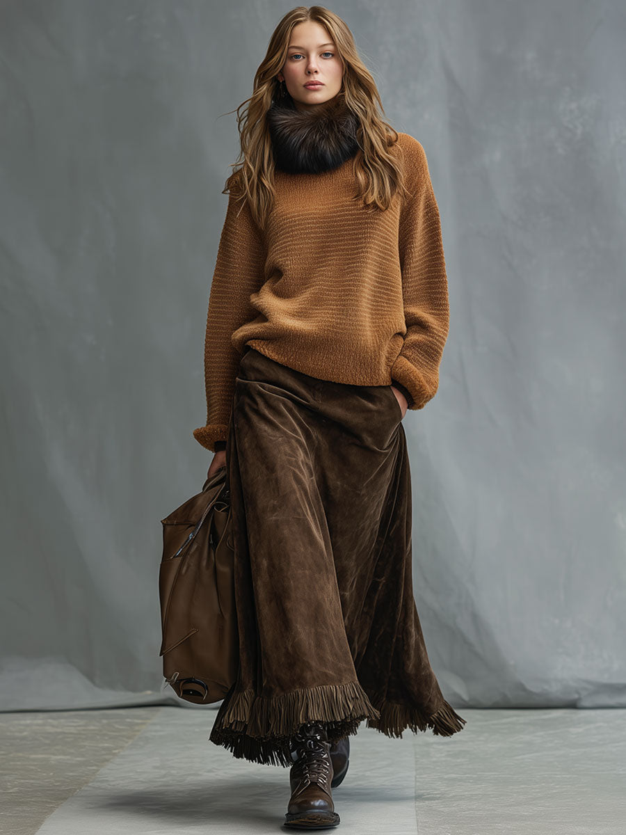 Vintage Cocoa Brown Faux Suede Tassel Skirt