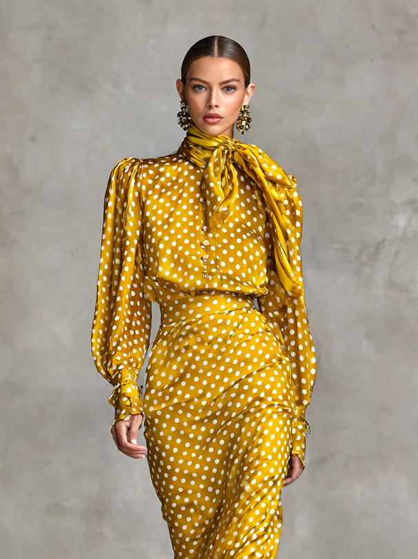Satin Polka Dot Print Shirt Skirt Two-Piece Set