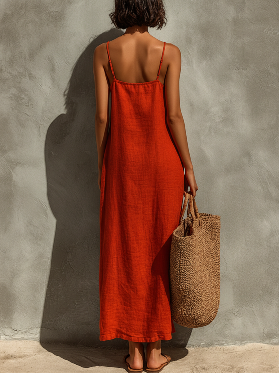 Red Cotton Square Neck Spaghetti Strap Dress