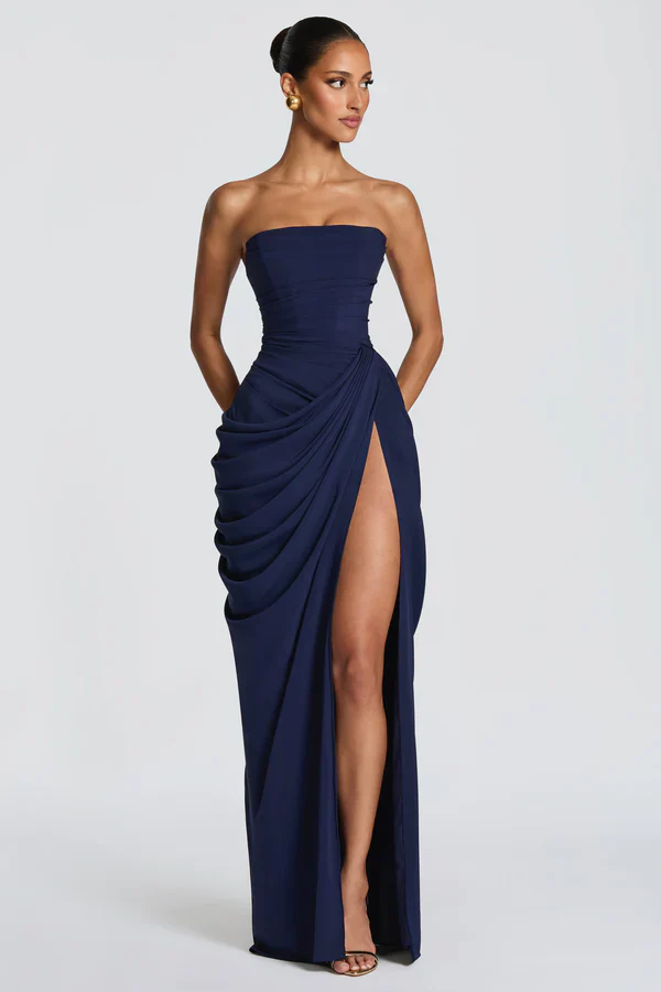 Corset Style Draped Navy Maxi Dress