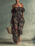 Floral Print Bandeau Short Sleeve Waist Jumpsuit