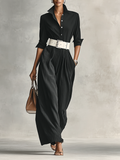 Lapel Single Breasted Long Sleeve Belted Jumpsuit