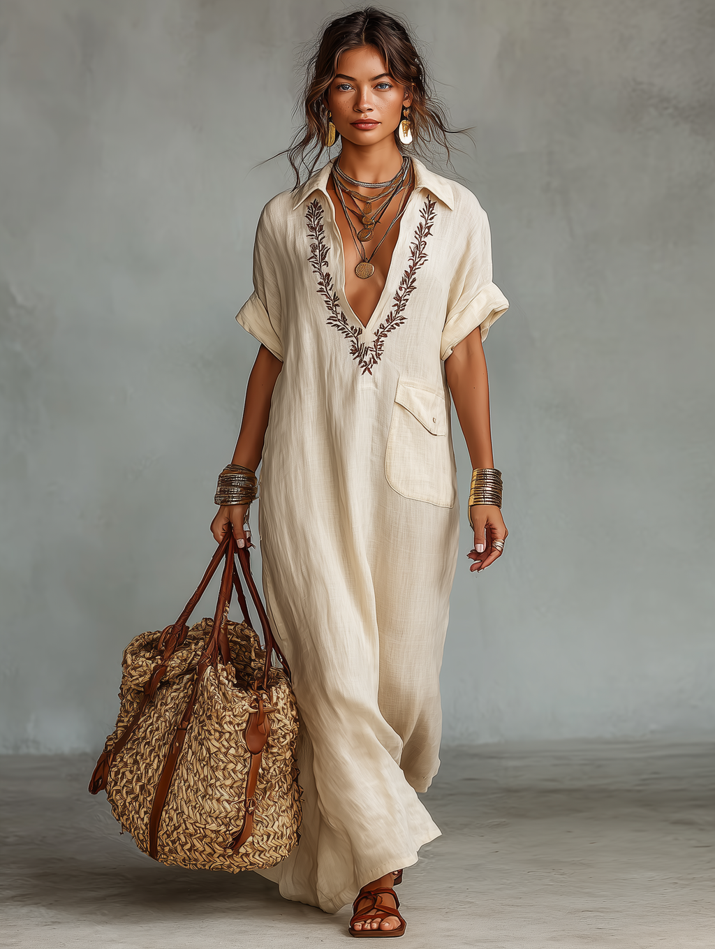 Minimalist Linen Embroidered Shirt Maxi Dress