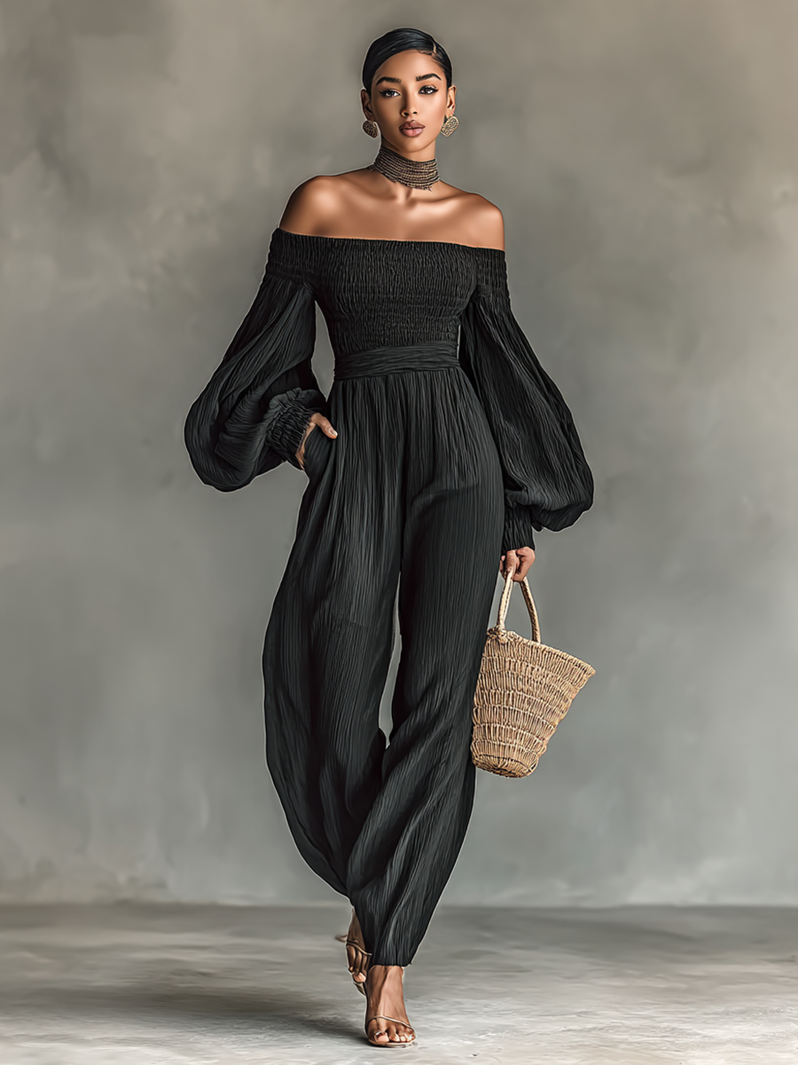 Off-the-shoulder Long-sleeved Pleated Jumpsuit