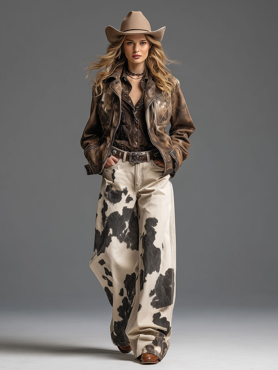 Retro And Fashionable Western Cow Pattern Pants