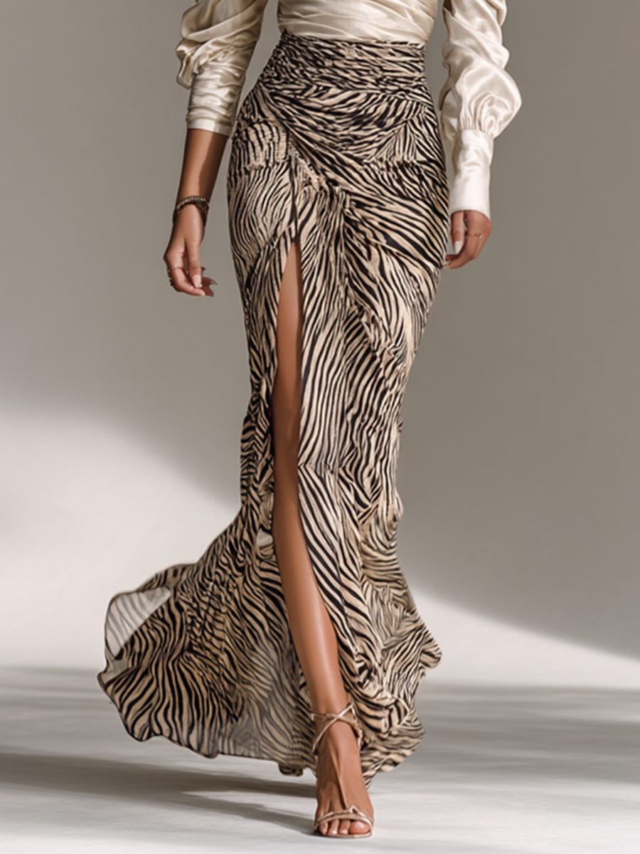 Off-shoulder Top Print Slit Skirt Two-piece Set