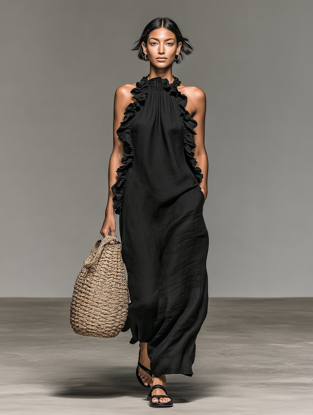 Linen Sleeveless Ruffle Maxi Dress
