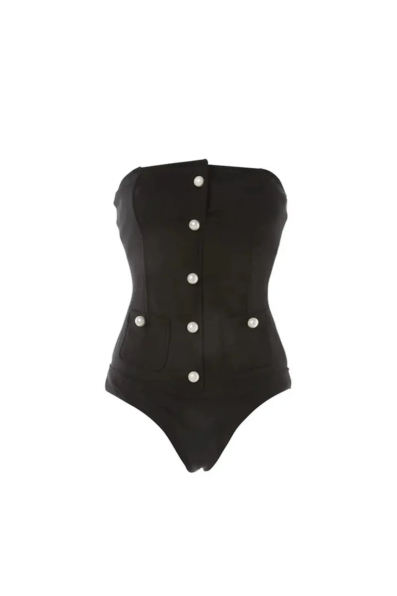 Chic Pearl Button Strapless Swimsuit