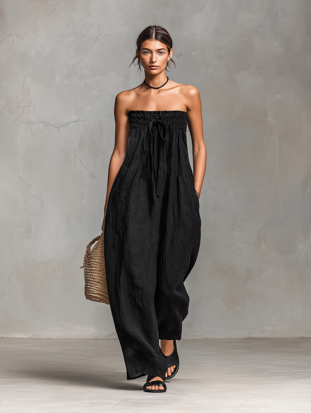 Loose-Fit Linen-Blend Strapless Tie Jumpsuit