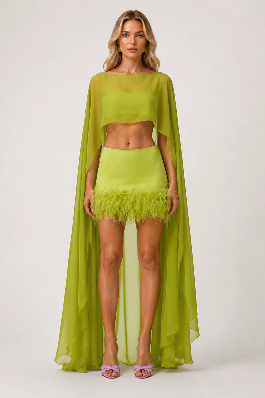 Lime Sheer Cape Feather Skirt Set