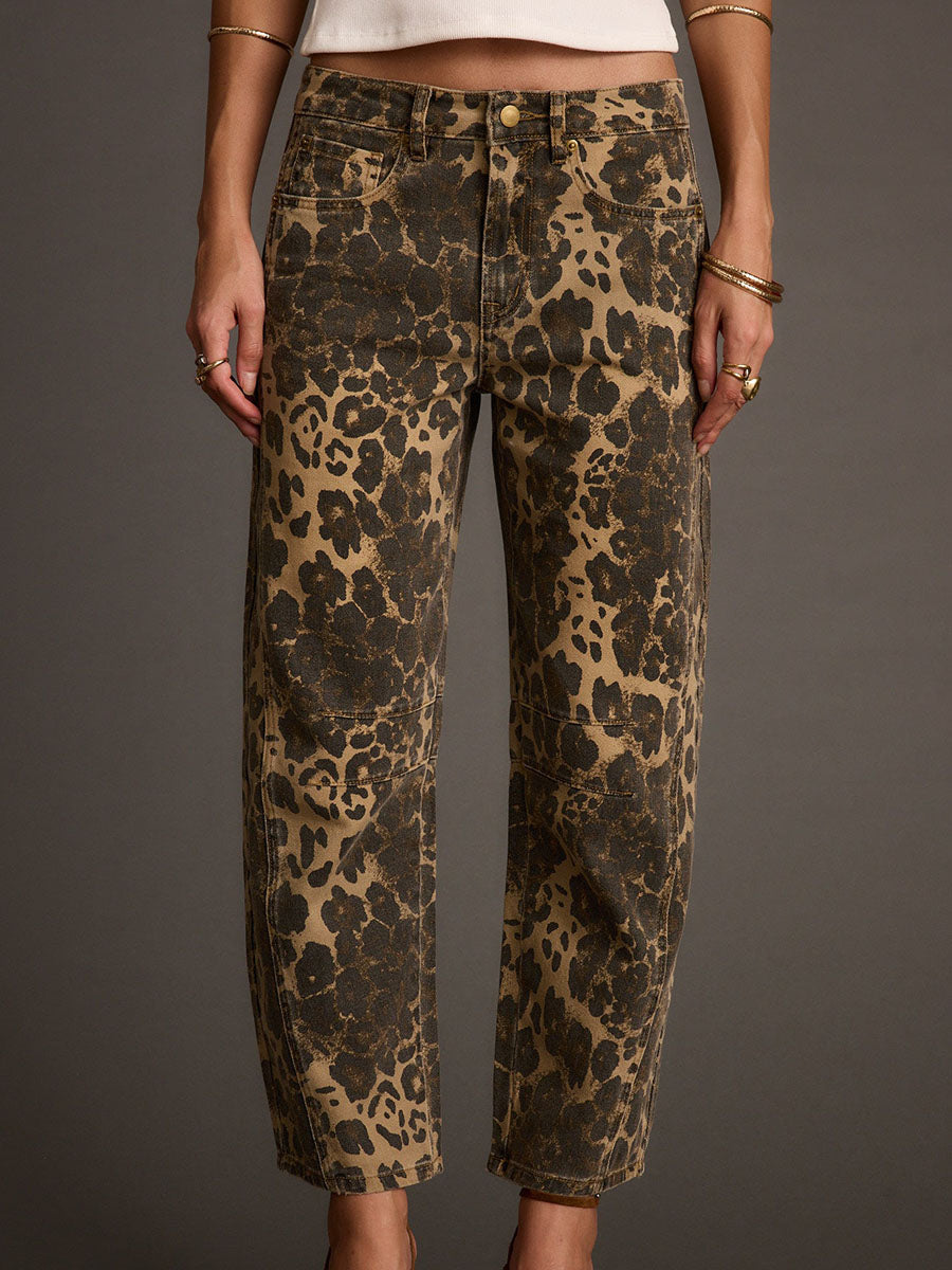 Retro Western Leopard Barrel Jeans
