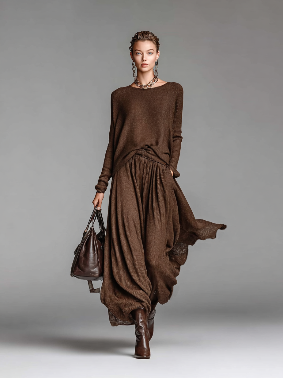 Round Neck Knitted Sweater Skirt Set