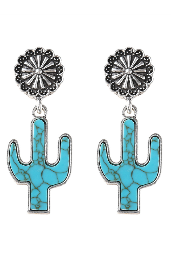 Western Retro Turquoise Cactus Flower Earrings
