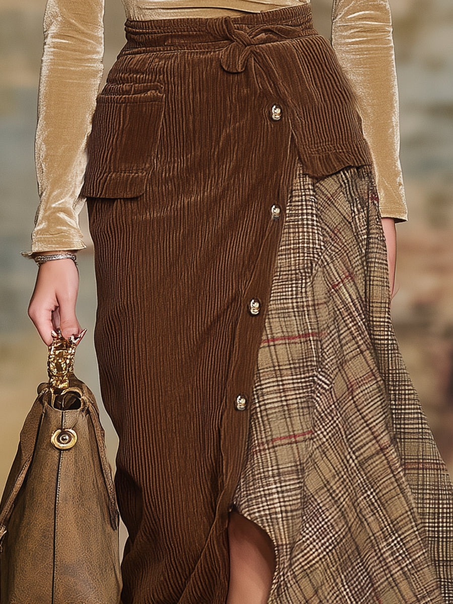 Vintage Brown Corduroy Patchwork Plaid Skirt