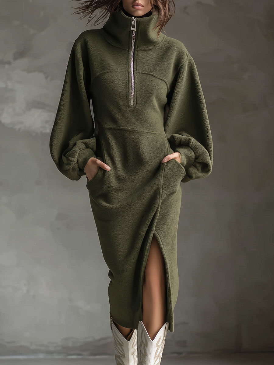 Soft Polar Fleece Lantern Sleeves Slit Midi Dress