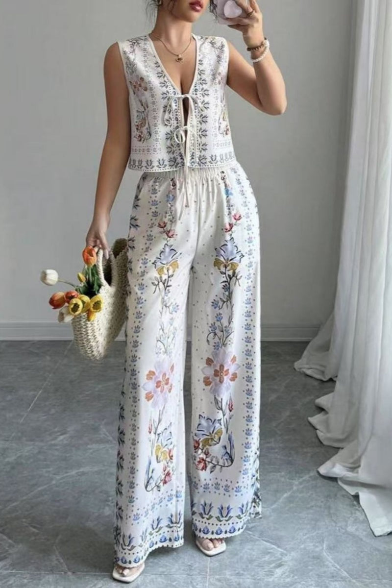 Tie-Up Vest & Wide-Leg Pants Set - Sky Blue Print