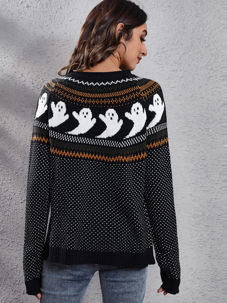 Literary Retro Ghost Pattern Neck Knitted Sweater