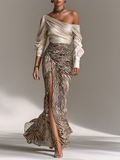 Off-shoulder Top Print Slit Skirt Two-piece Set
