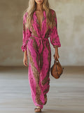 Loose Rose Red Chiffon Leopard Print Jumpsuit