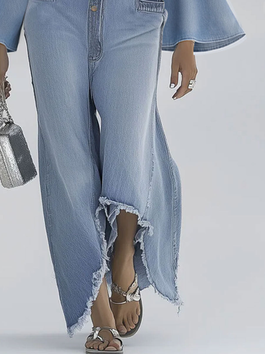Retro Light Blue Denim Flared Wide-Leg Jumpsuit