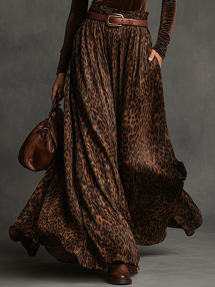 Turtleneck Velvet Top Leopard Print Skirt Set