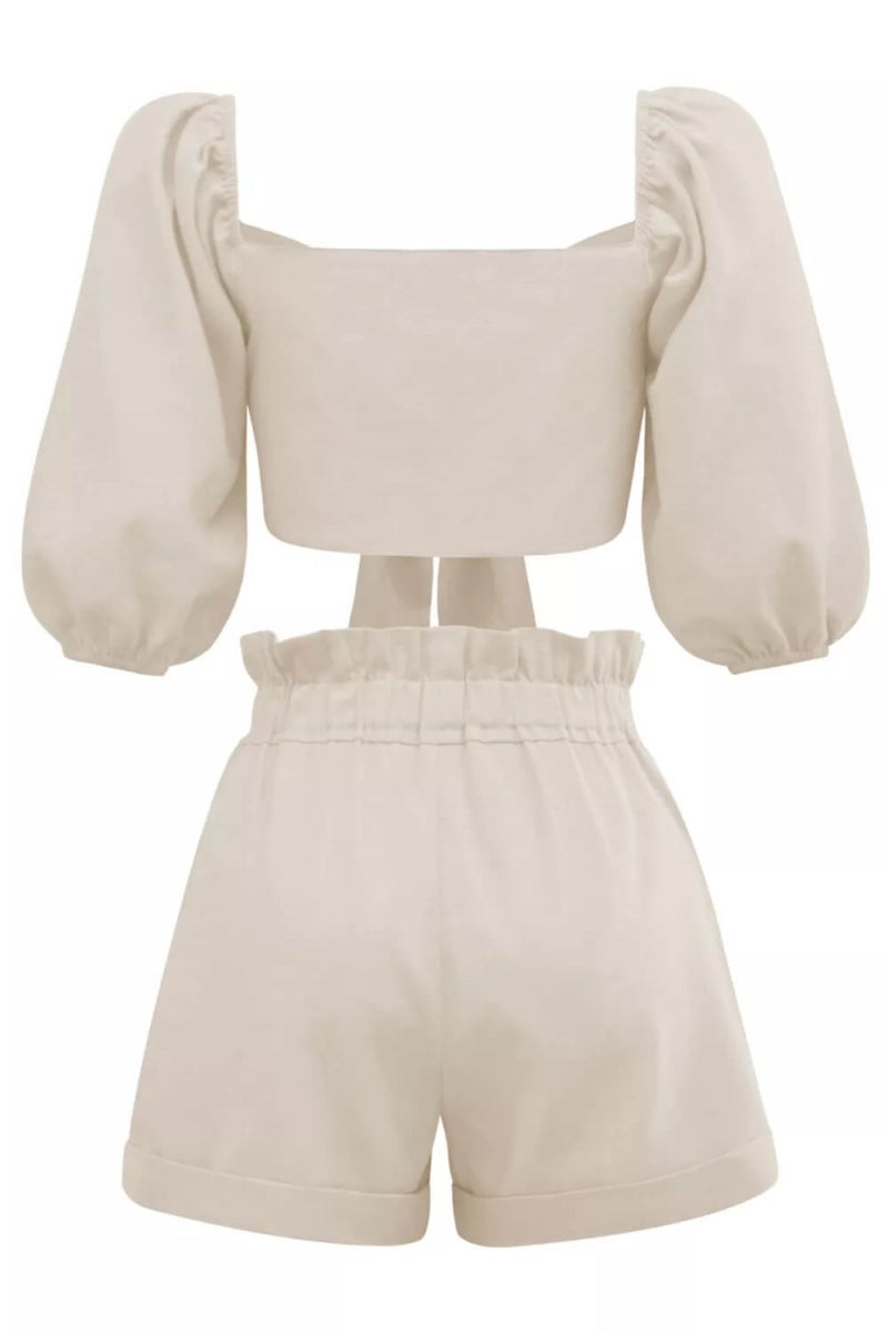 Linen Wrap Front Puff Sleeve Shorts Sets In Khaki