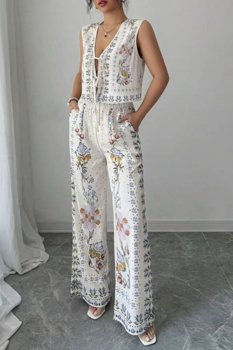 Tie-Up Vest & Wide-Leg Pants Set - Sky Blue Print
