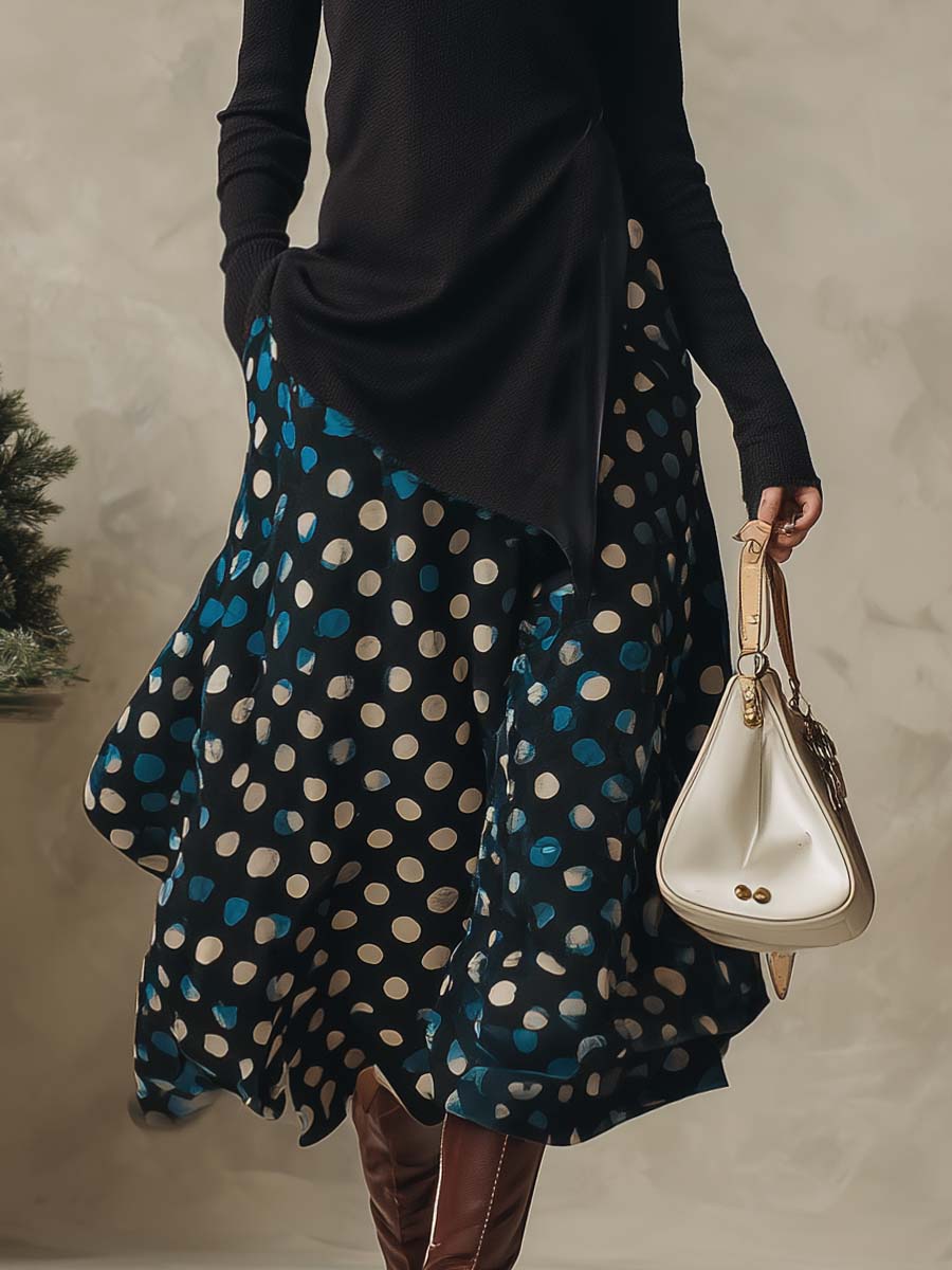 Black Top Blue Satin Polka Dot Printed Skirt Set