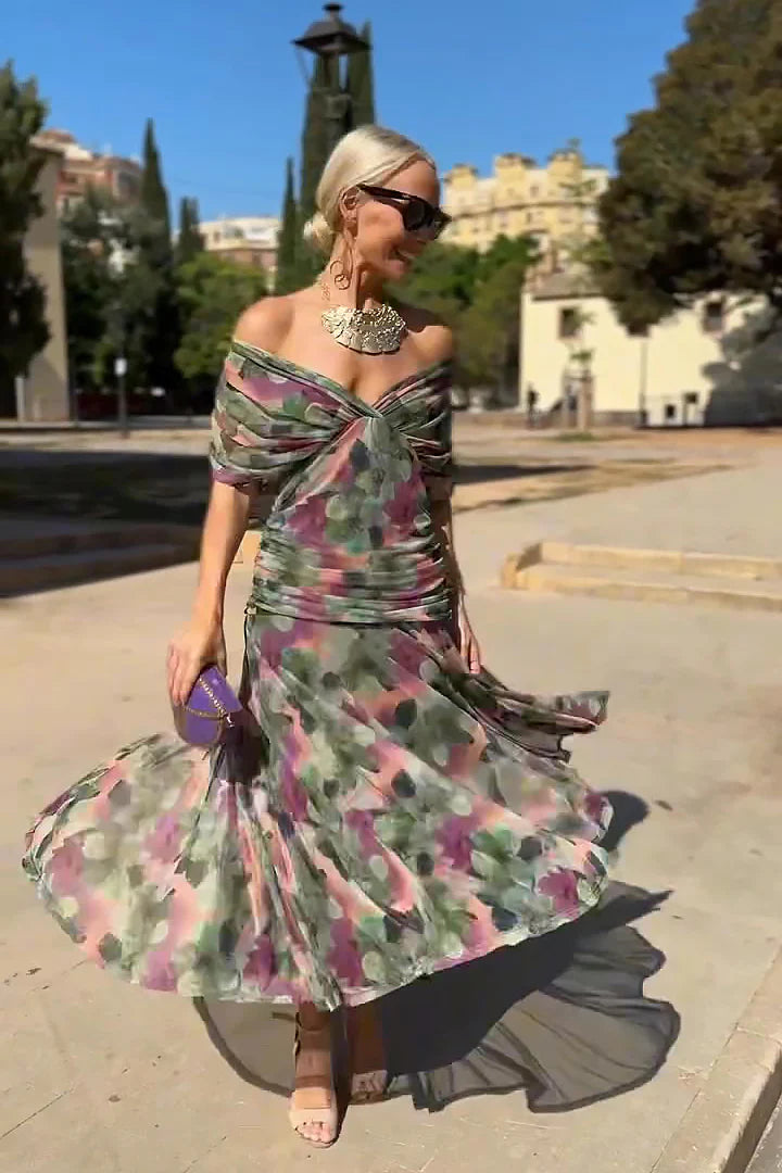 V-neck Fantasy Painted Floral Print Maxi Dress