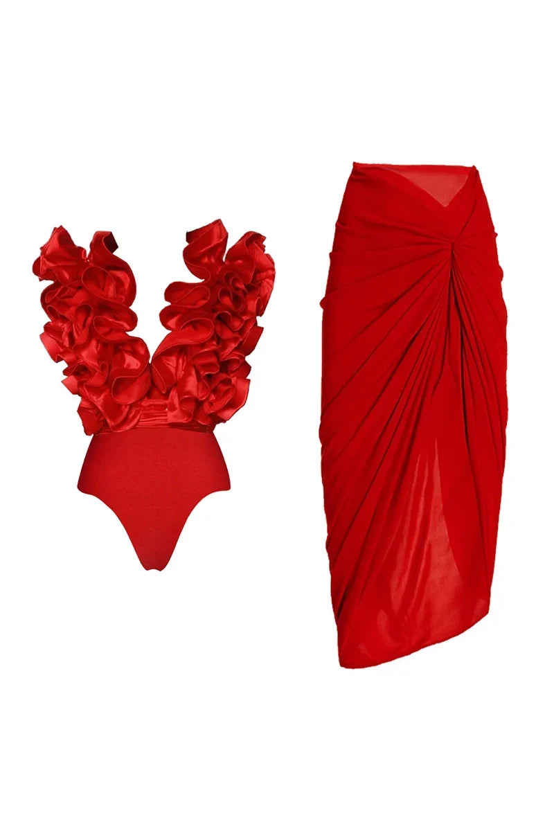 Lace Trim V-Neck Red Swimsuit Set