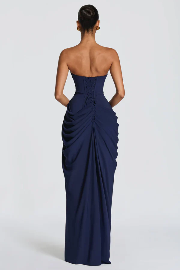 Corset Style Draped Navy Maxi Dress
