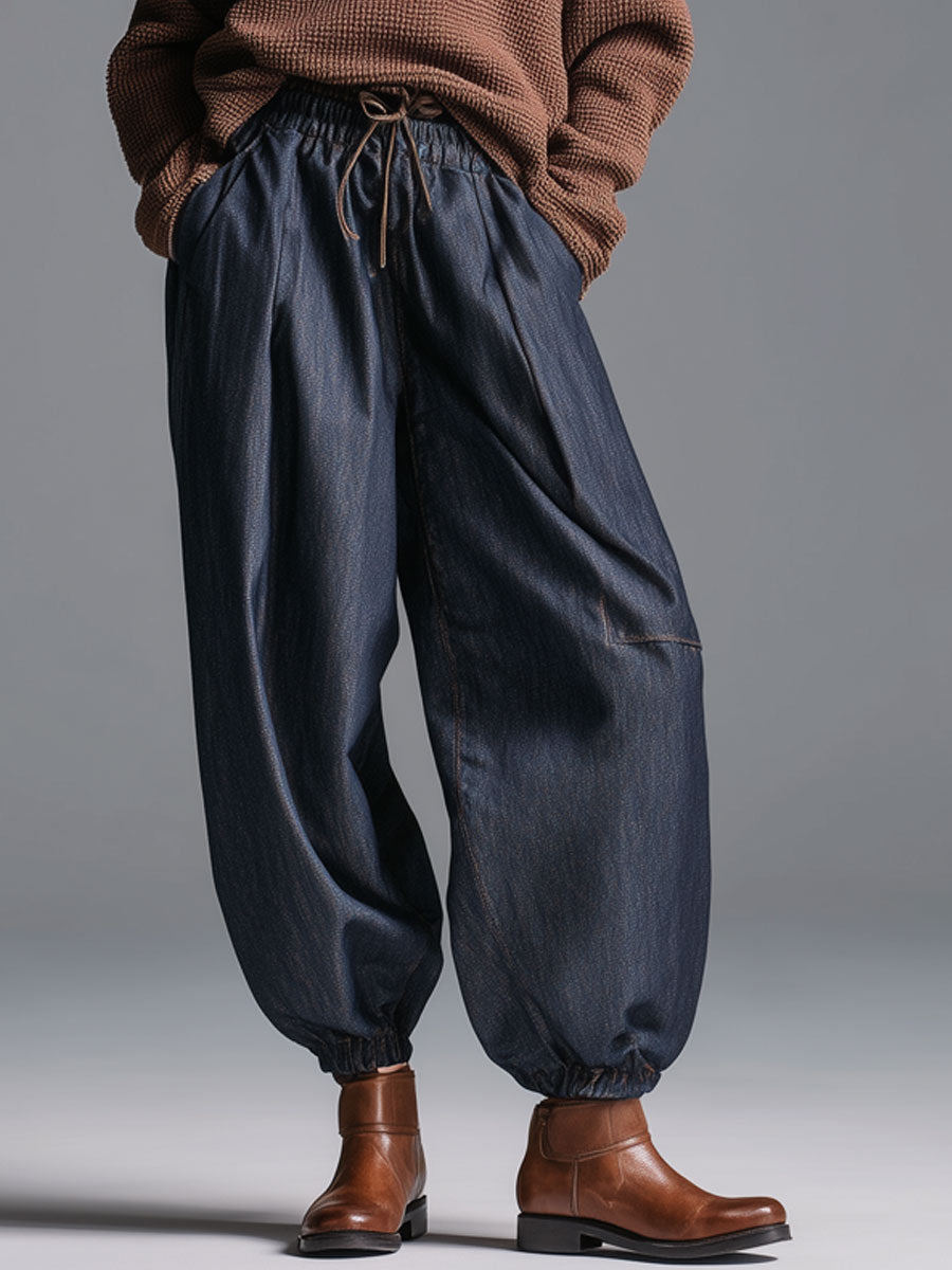 Retro Elastic Waist Navy Blue Lantern Jeans