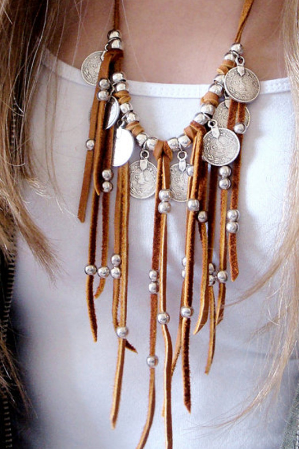 Bohemian Suede Coin Beaded Tassel Necklace