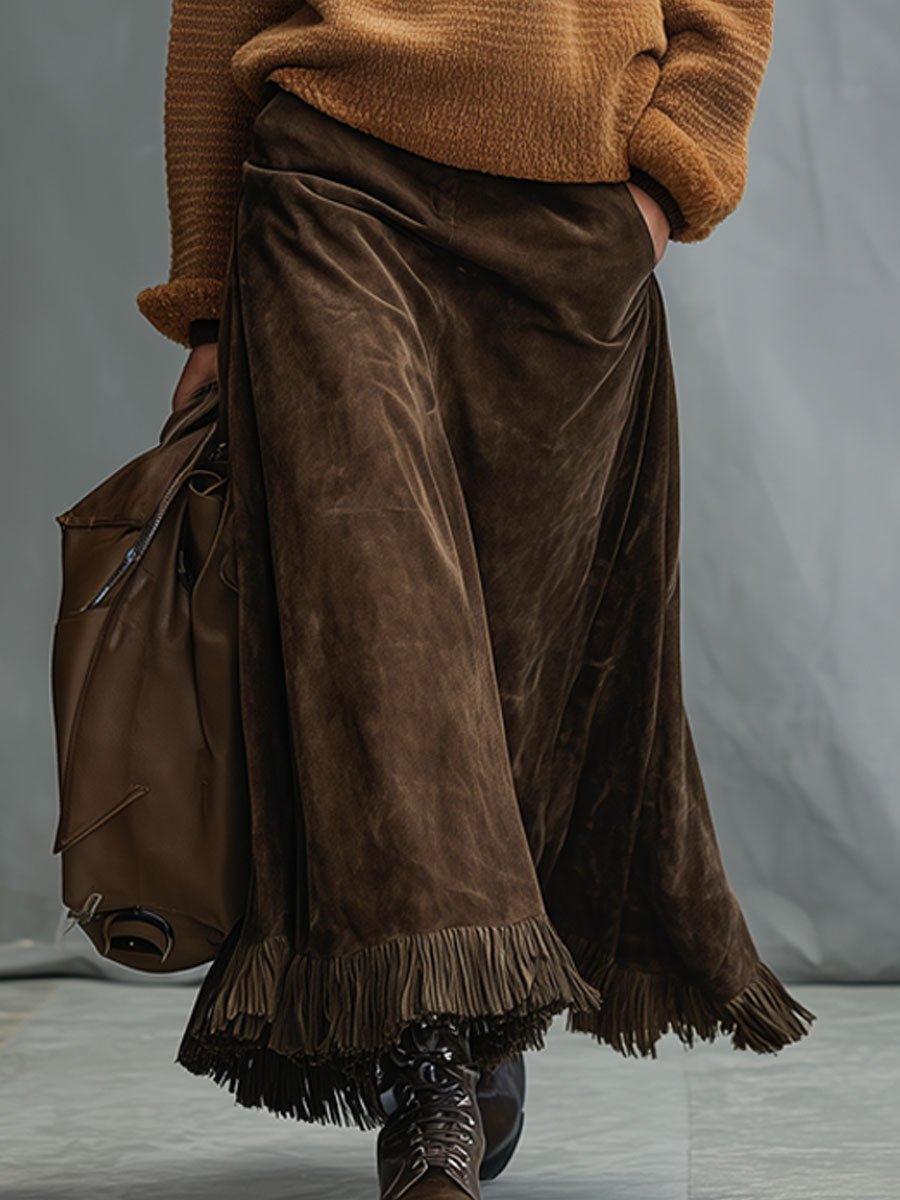 Vintage Cocoa Brown Faux Suede Tassel Skirt