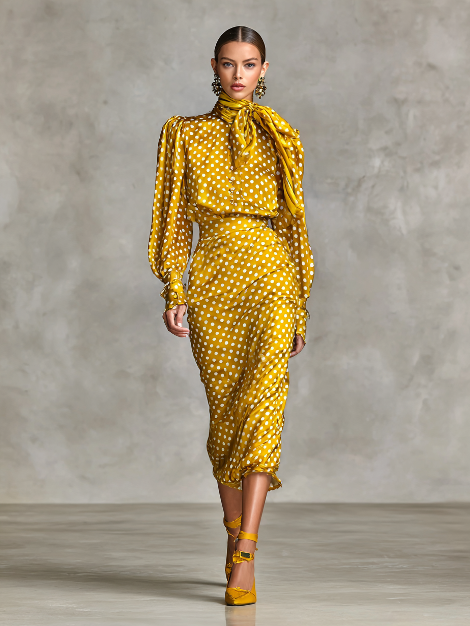Satin Polka Dot Print Shirt Skirt Two-Piece Set