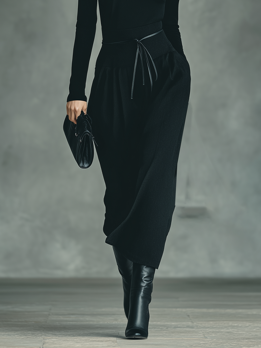 Black High-Stretch Knit Top Skirt Set