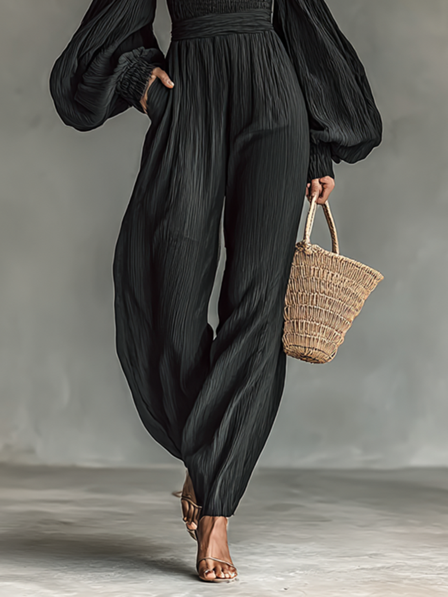 Off-the-shoulder Long-sleeved Pleated Jumpsuit