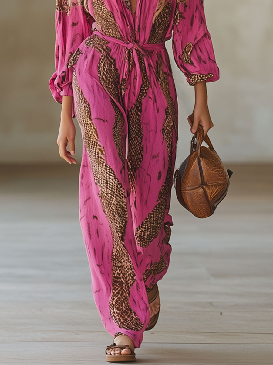 Loose Rose Red Chiffon Leopard Print Jumpsuit