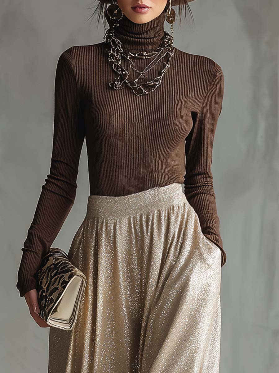 Retro Brown Knitted Top Silver Skirt Set